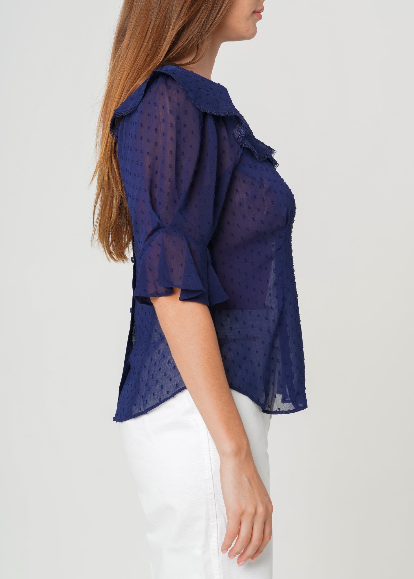 Nurode Swiss Dot Ruffle Sleeve Top