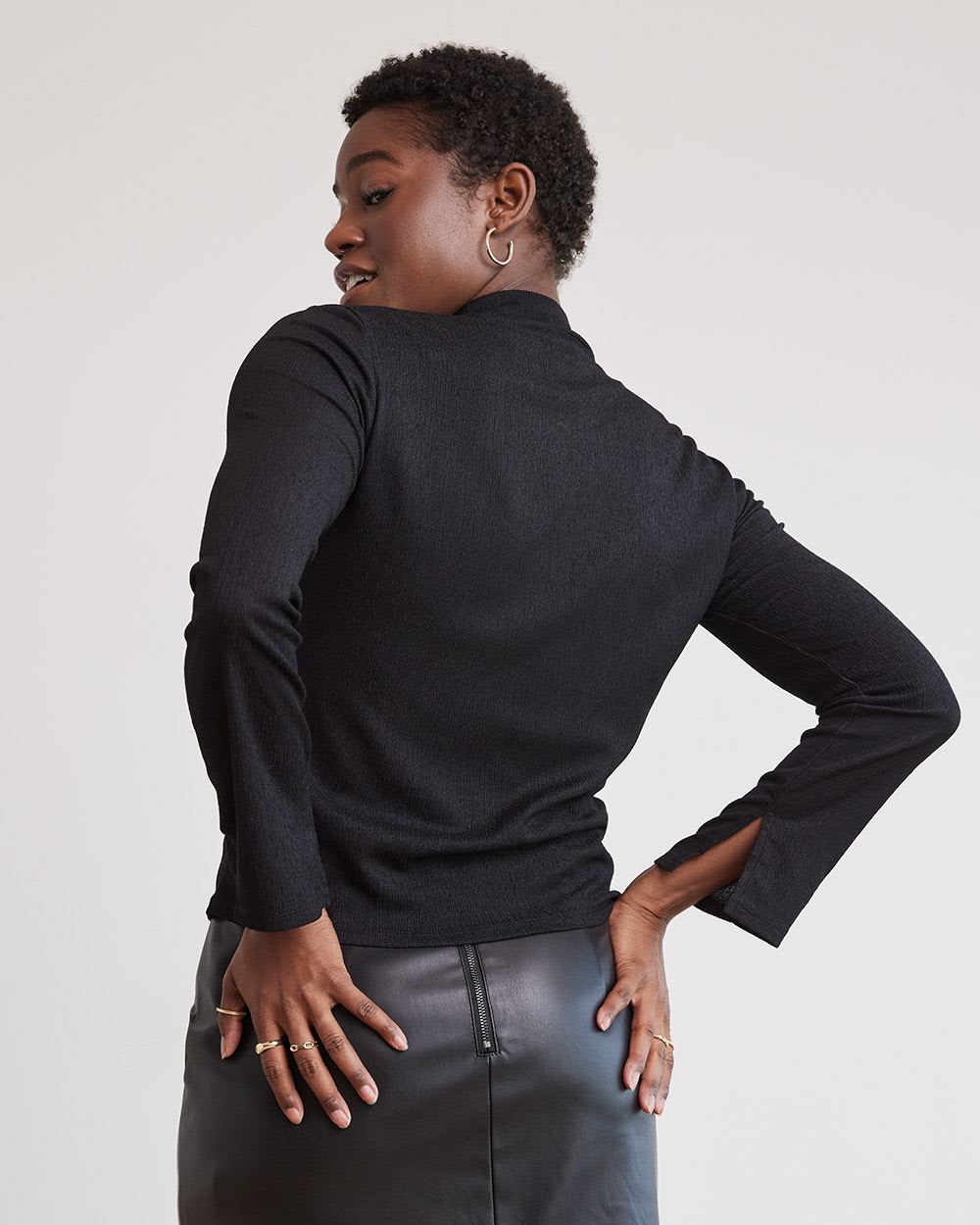 Long-Sleeve Crinkle Top with Funnel Neckline