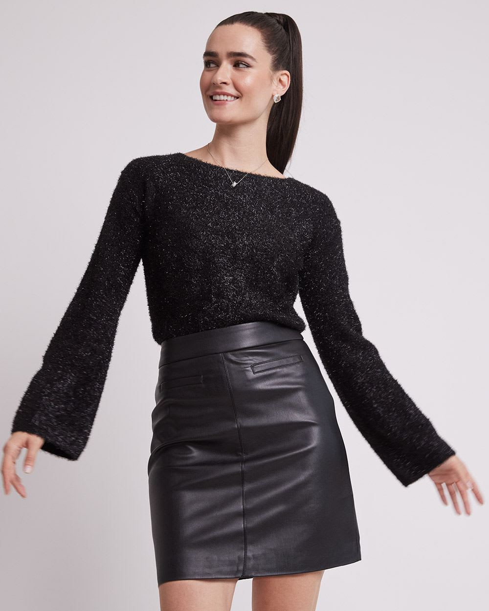 Mock-Neck Feather-Yarn Sweater with Long Bell Sleeves