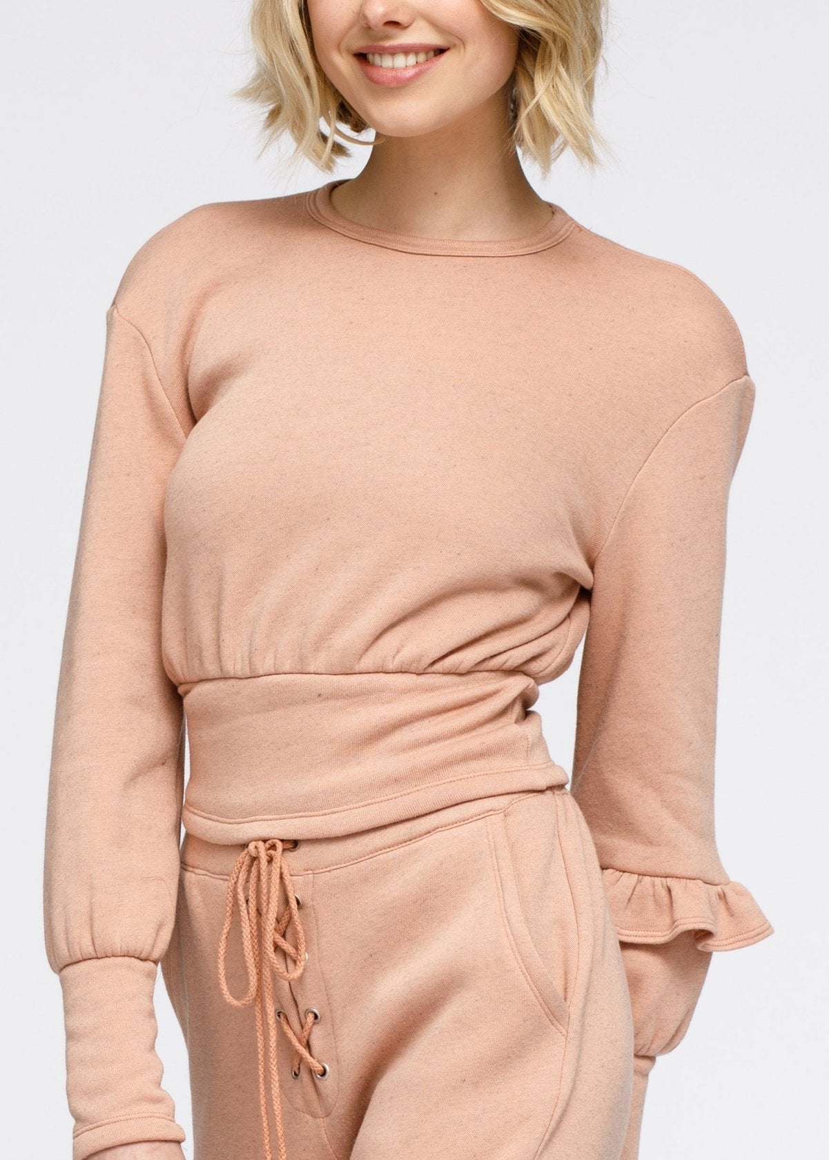 Nurode Crew Neck Ruffle Sleeve Peplum Sweatshirt