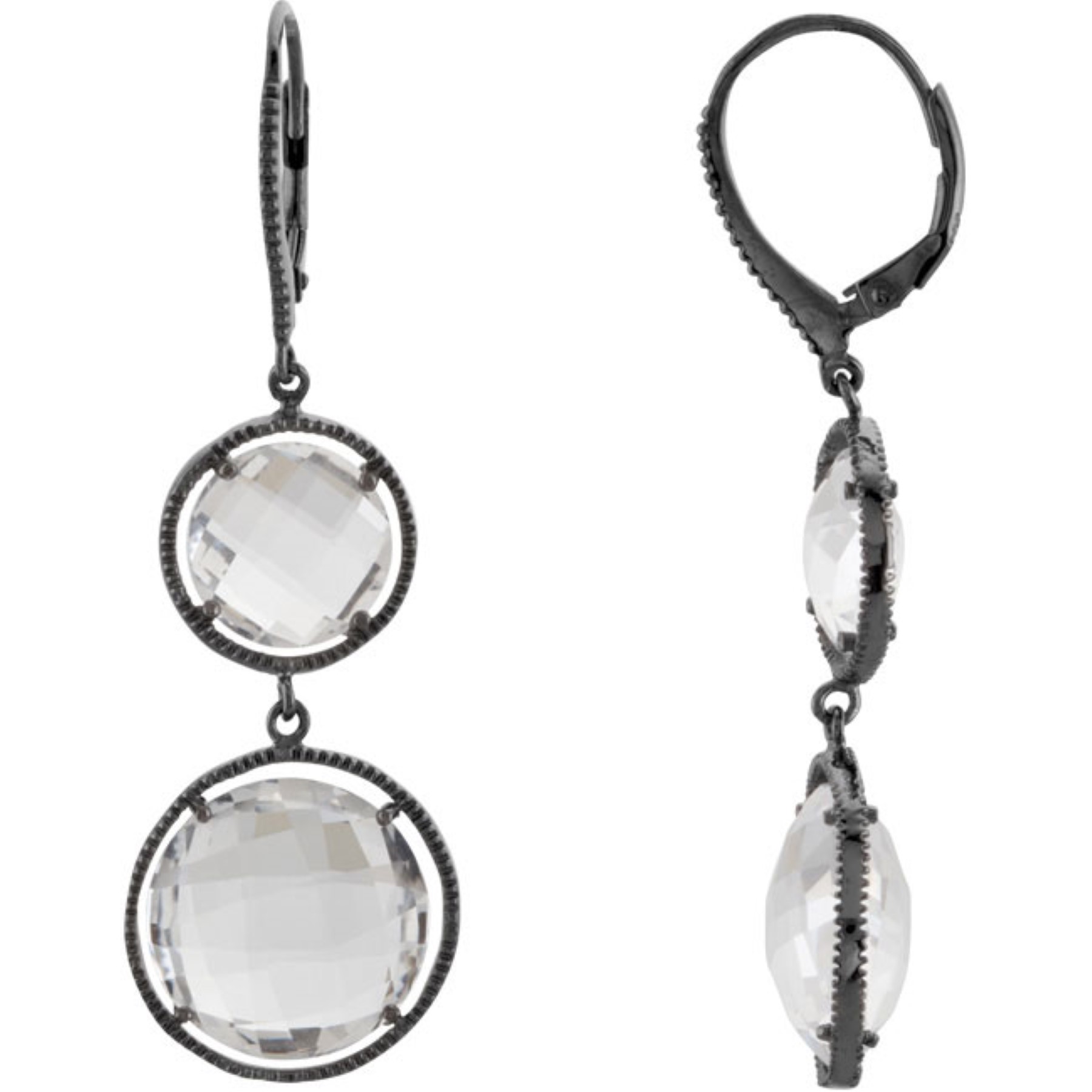 GV Cubic Zirconia Sterling Silver Black Plated or clear Double Round Clear Quartz Drop Earrings