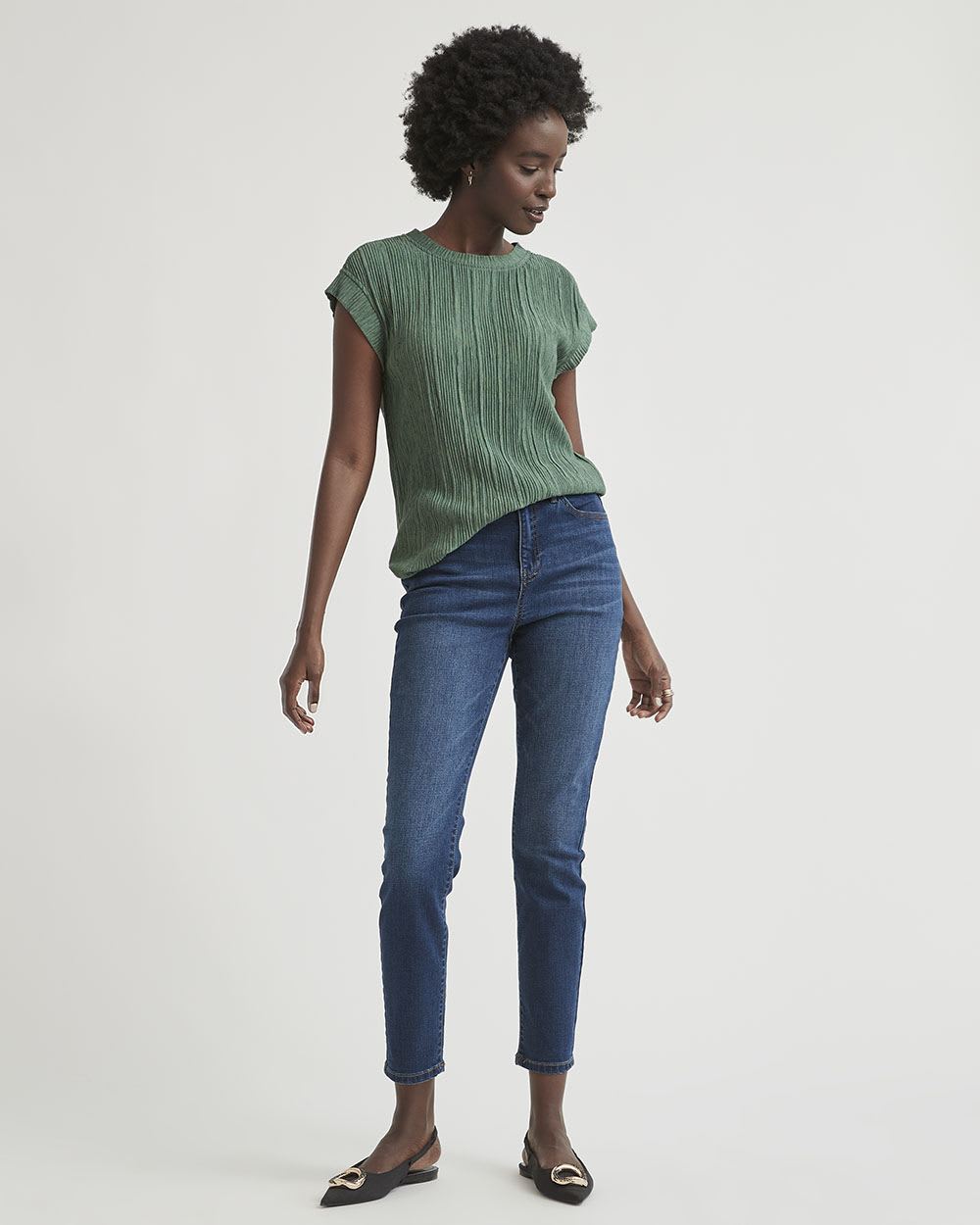 Crinkle Crew-Neck Cap Sleeve T-Shirt