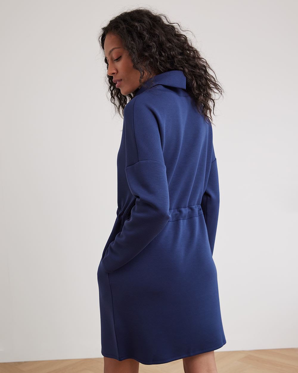 Long-Sleeve Mock-Neck Straight Dress with Adjustable Waist