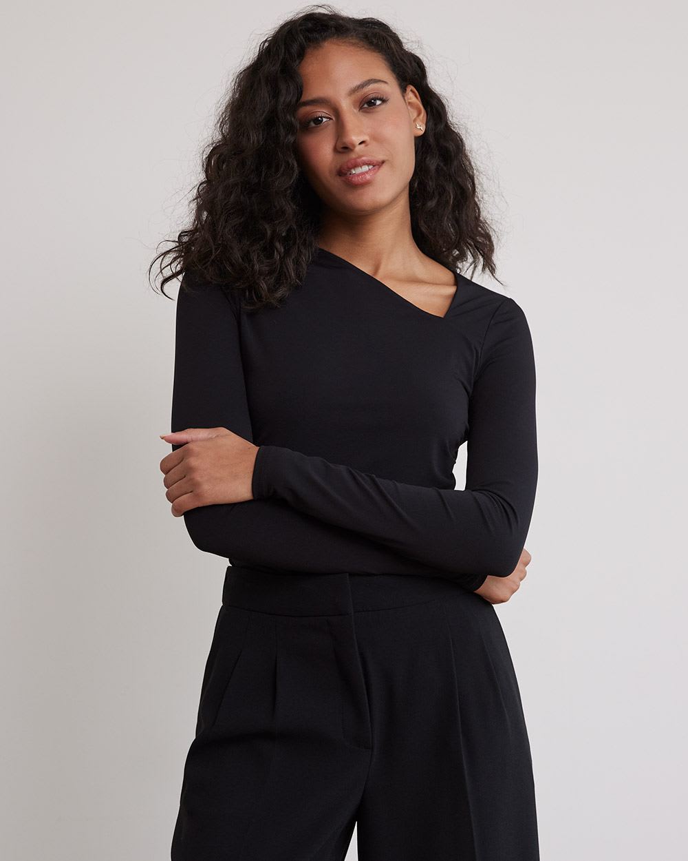 Draped Long-Sleeve Top with Asymmetrical Neckline