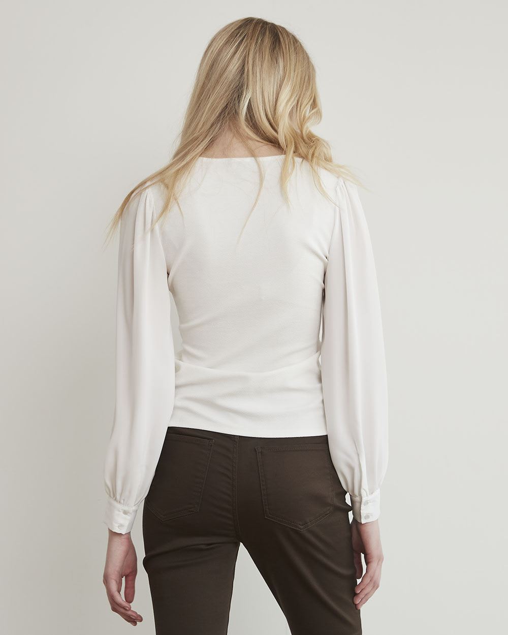 Mix-Media V-Neck Top with Long Puffy Sleeves