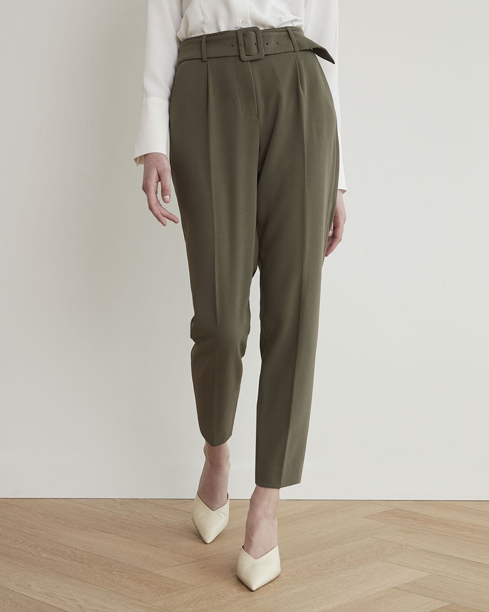 High-Rise Tapered Ankle Leg Crepe Pant With Belt