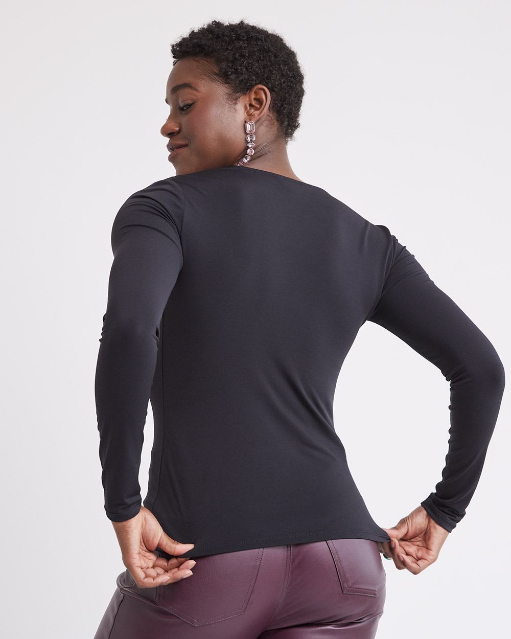 Long-Sleeve Top with Asymmetrical Draped Neckline