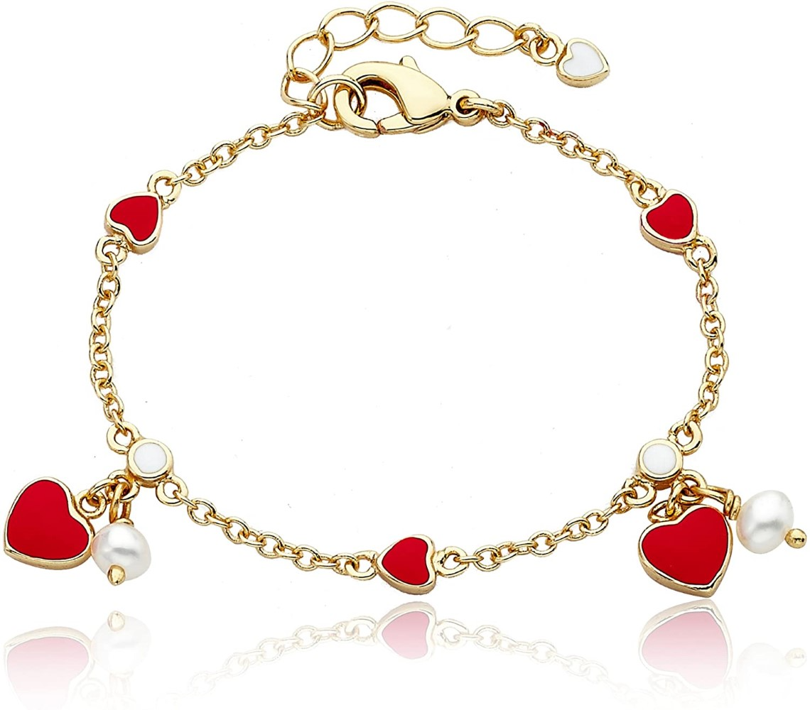 RG 14k Yellow Gold Plated with Red Enamel Heart & Pearl Dangle Charm Bracelet
