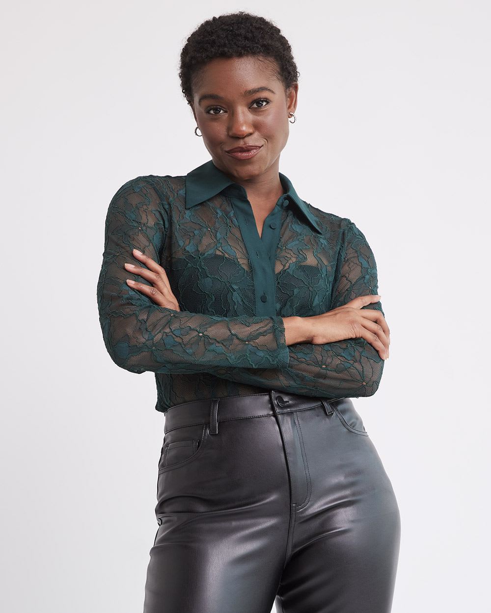 Long-Sleeve Buttoned-Down Lace Blouse