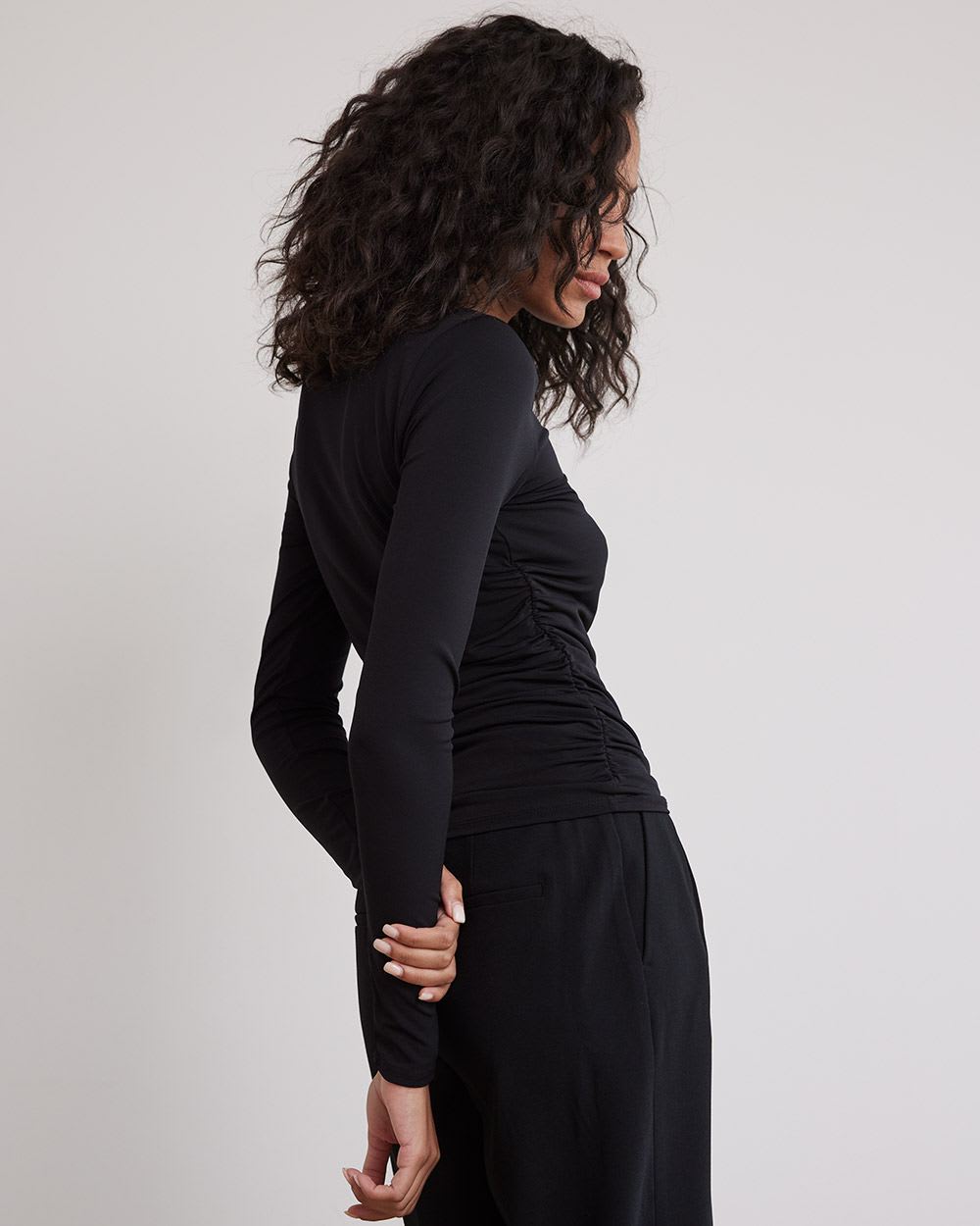 Draped Long-Sleeve Top with Asymmetrical Neckline