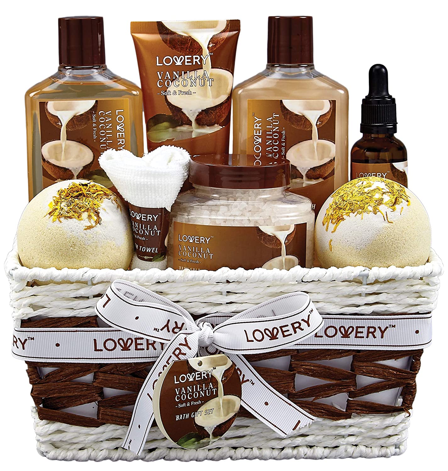 Lovery Bath And Body Gift Basket -vanilla Coconut Home Spa - 9pc Set