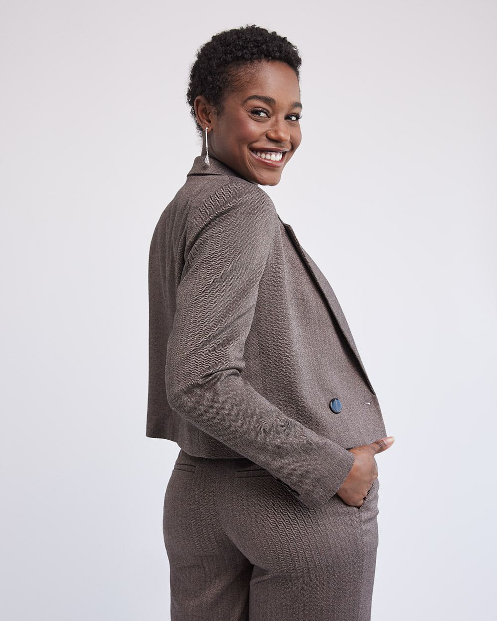 Loose Double-Breasted Herringbone Crop Blazer