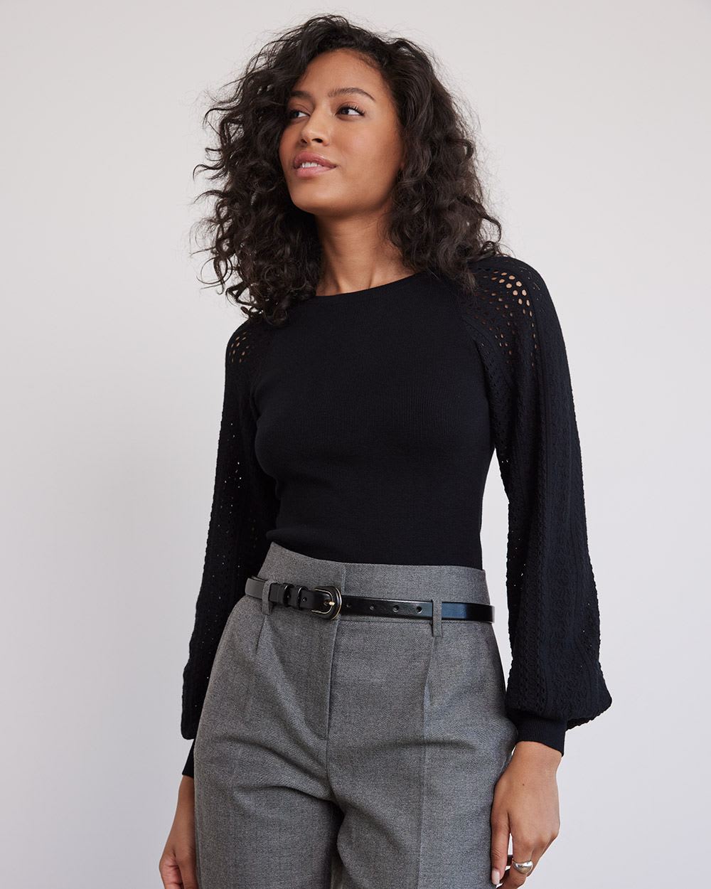 Long-Puffy-Sleeve Crew-Neck Sweater with Pointelle Stitches