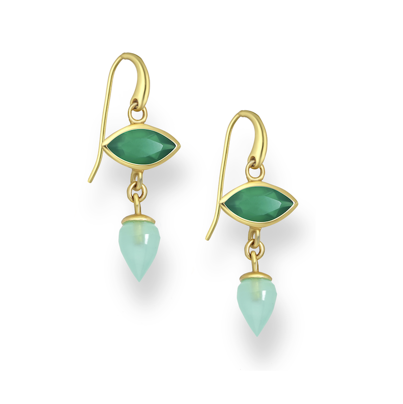 18K Goldtone Plated Sterling Silver Green Onyx Marquis & Aqua Drop Earrings- AG Sterling
