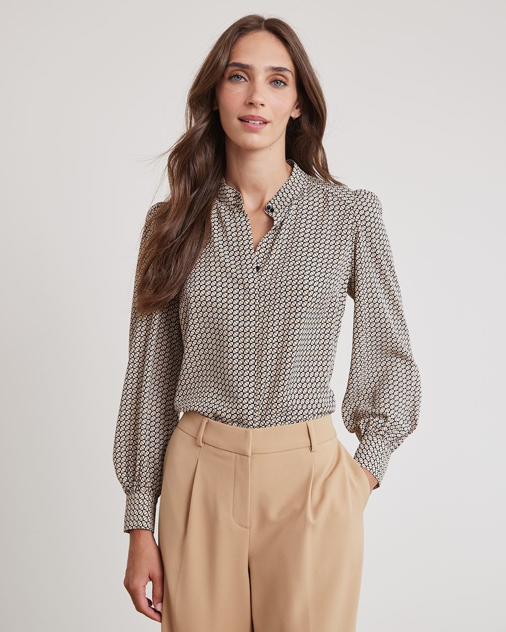 Long-Sleeve Buttoned-Down Silky Crepe Blouse