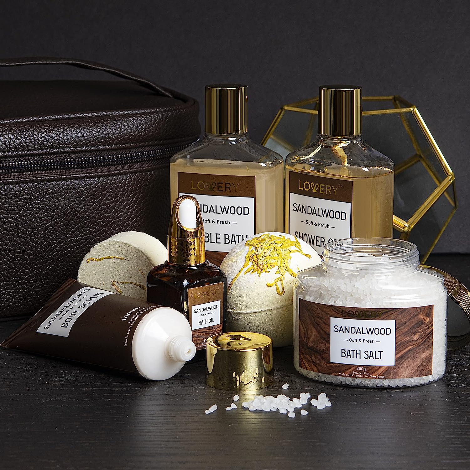 Lovery Luxury Spa Kit For Men - Sandalwood Bath Set - Personal Care Kit In Brown Leather Cosmetic Bag