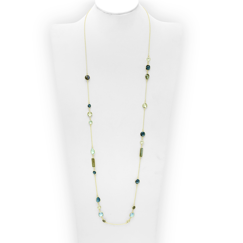 18K Goldtone Plated Sterling Silver Gemstone & Blue Topaz Geometric Long Station Chain Necklace- AG Sterling