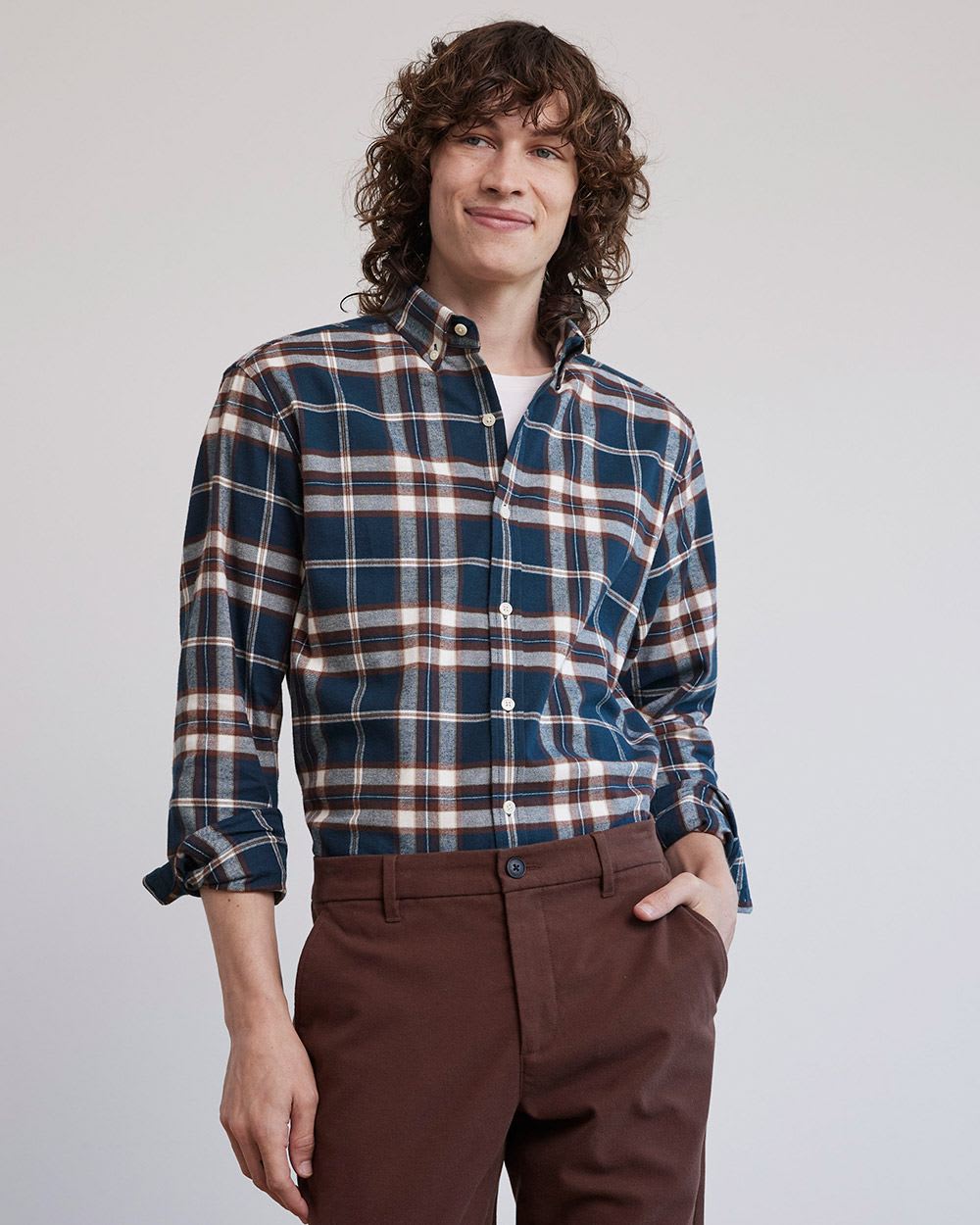 Regular-Fit Teal and Brown Plaid Flannel Shirt