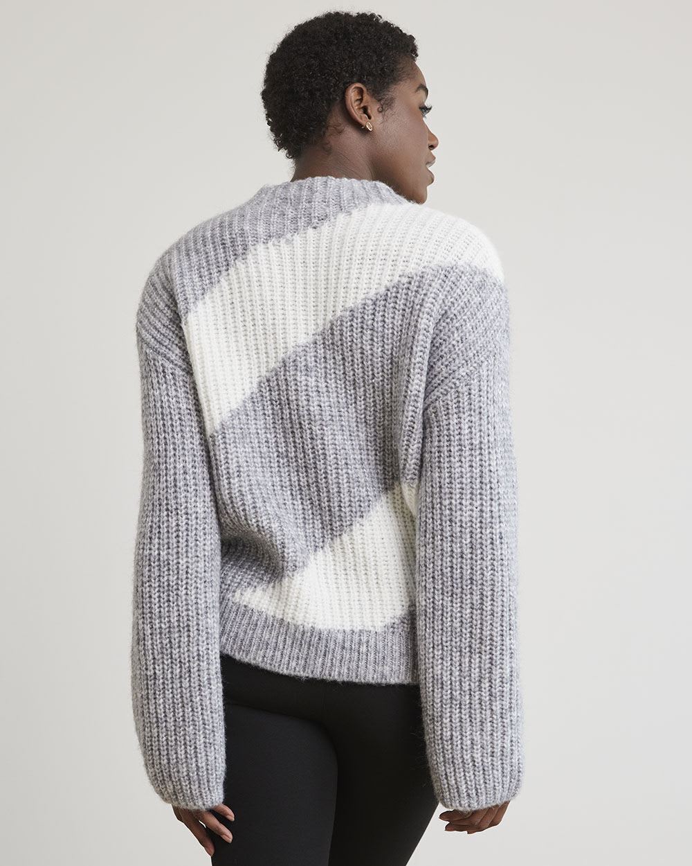 Striped Mock-Neck Sweater with Long Bell Sleeves