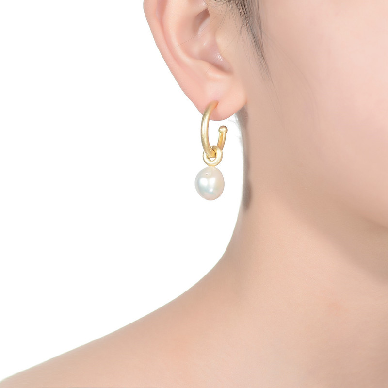 Sterling Silver 14k Yellow Gold Plated Round 11.5-12MM Genuine Freshwater Pearl Hoop Earrings