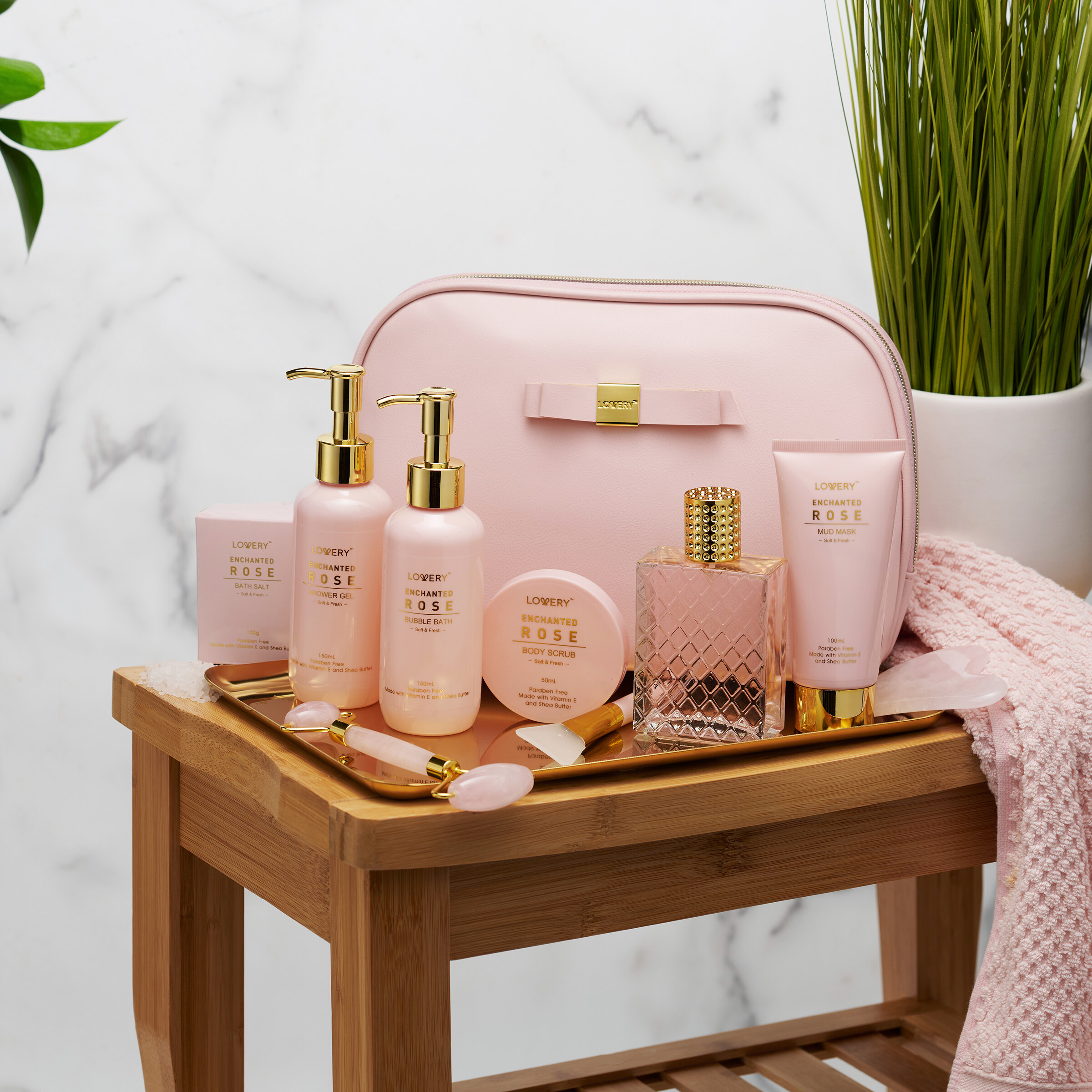 Lovery Luxury Enchanted Rose Bath & Body Beauty Kit With Leather Bag, Jade Roller & More