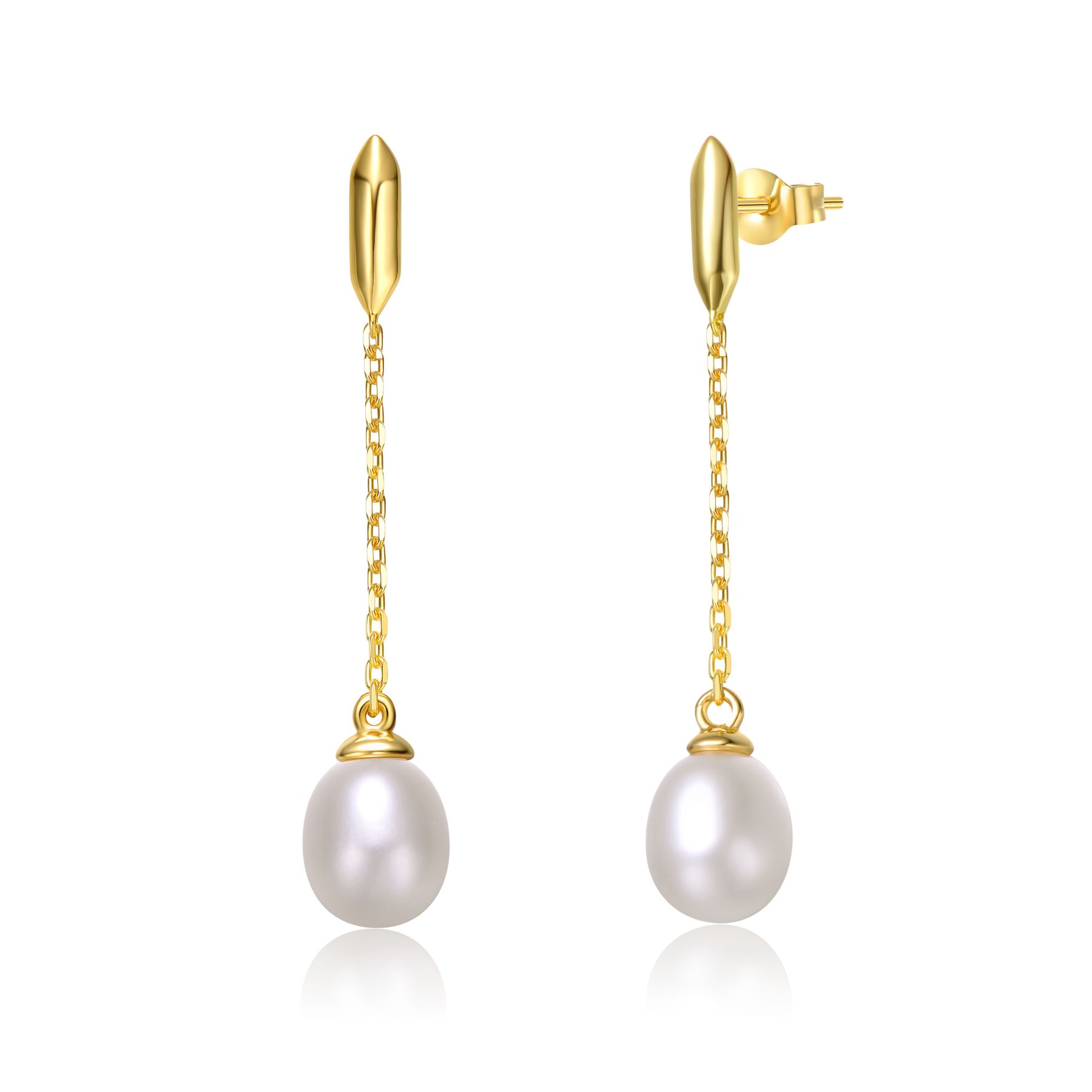 Sterling Silver 14k Yellow Gold Plated with White Pearl Linear Dangle Drop Cable Chain Earrings