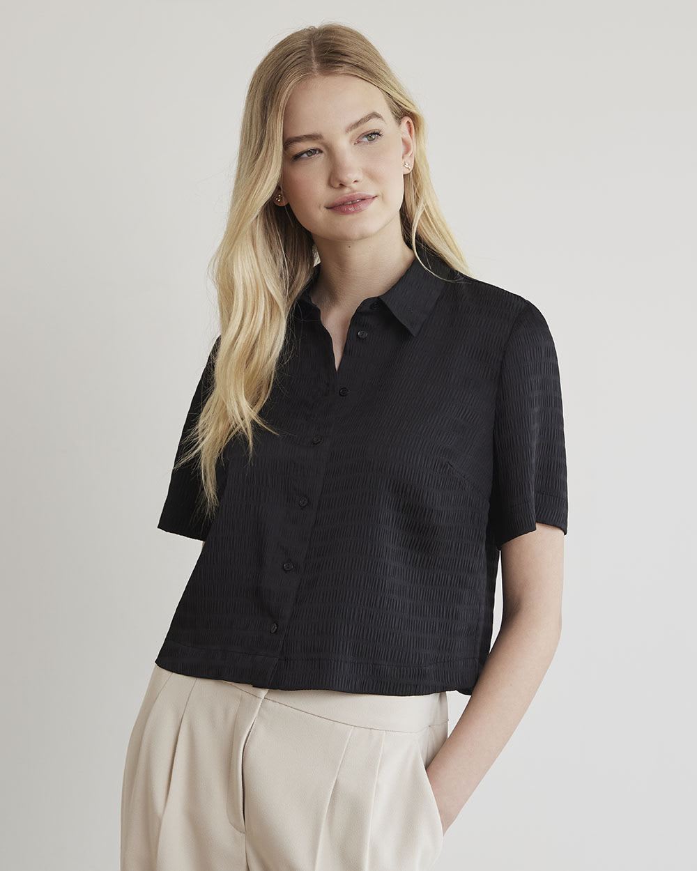 Short-Sleeve Buttoned-Down Textured Blouse