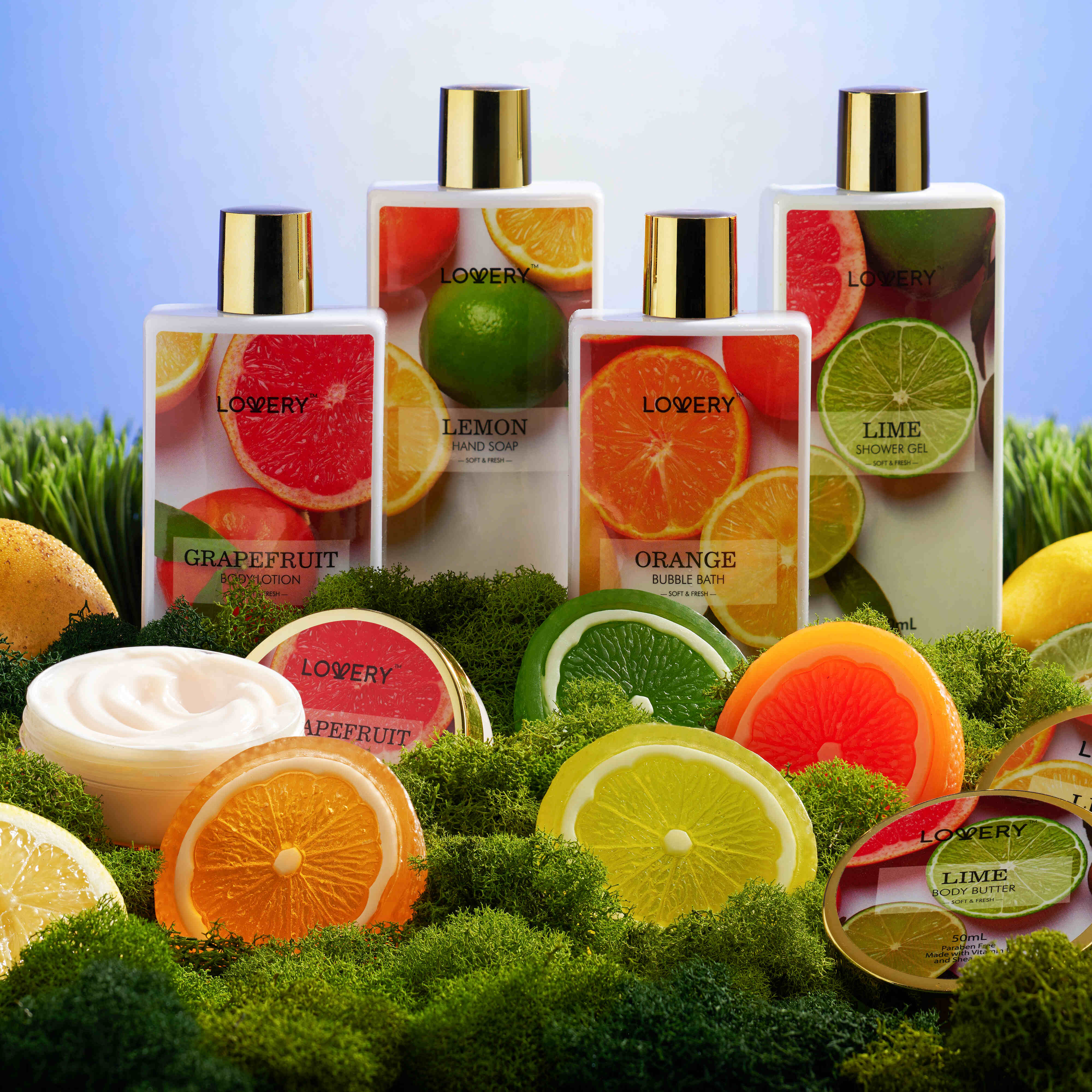 Lovery Bath And Body Care Gift Set, Home Spa Kit In Lemon, Orange, Grapefruit Lime Scents, Relaxing Stress Relief Gift, 19 Piece