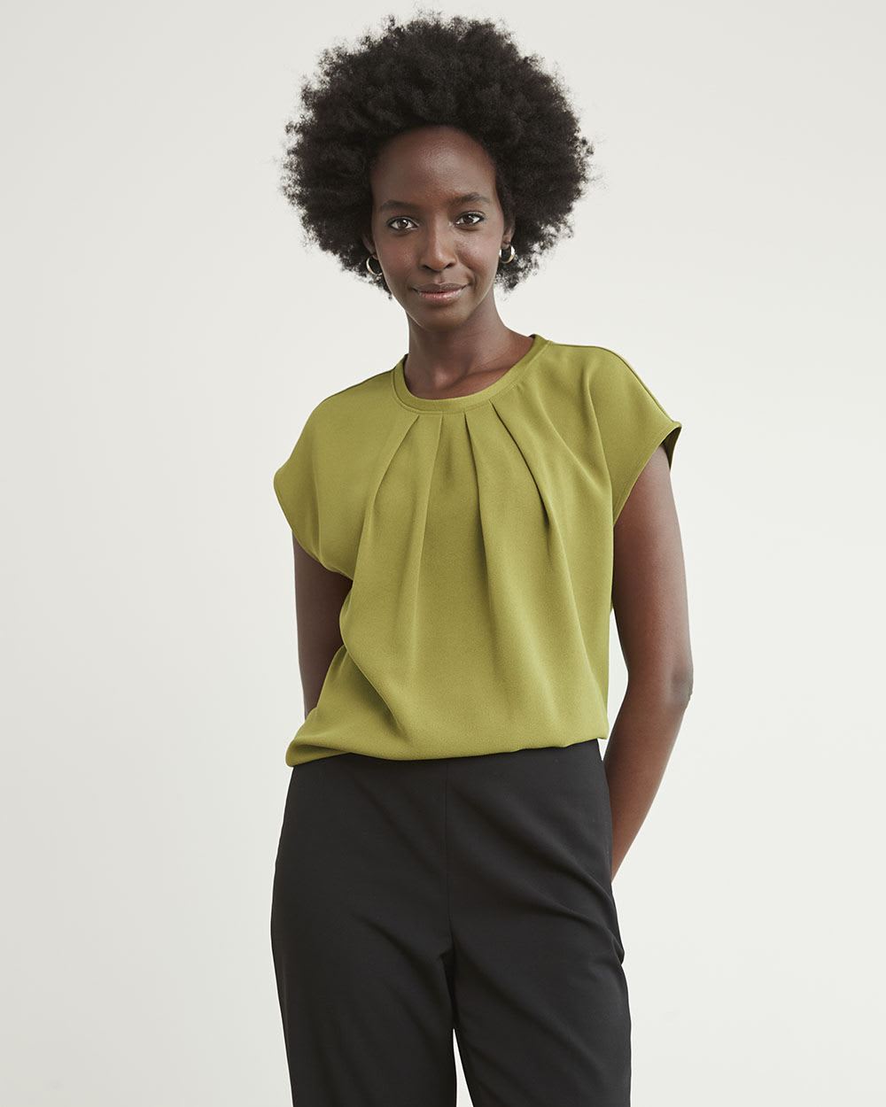 Mix-Media Top with Extended Sleeves and Pleated Crew Neckline