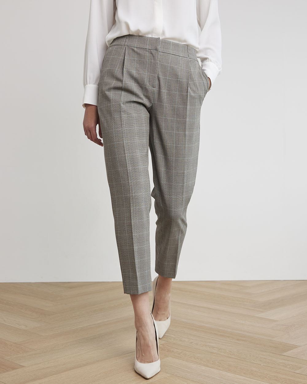 Tapered-Leg Mid-Rise Plaid Ankle Pant
