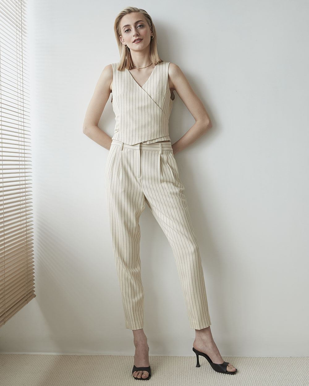 Textured Stripe Wrap Sleeveless Vest Blouse