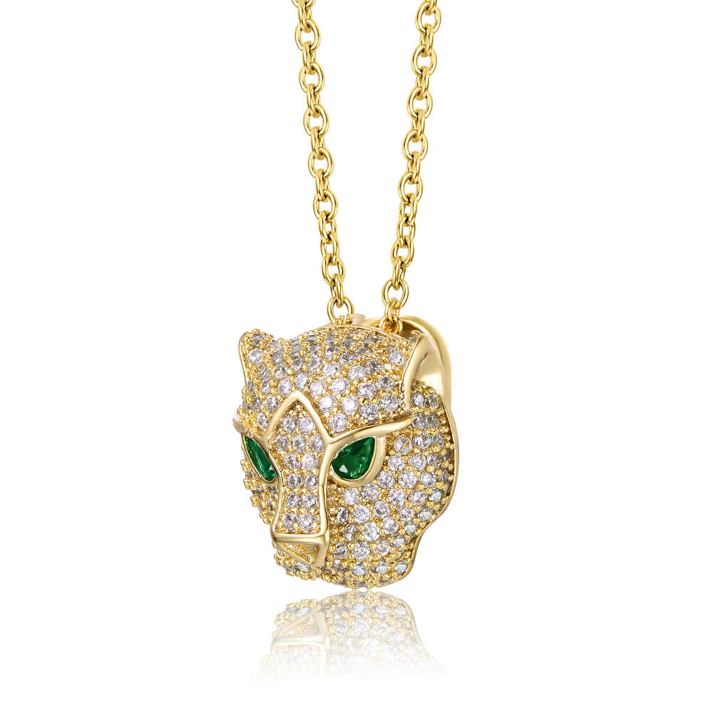 RG 14k Yellow Gold Plated with Emerald & Cubic Zirconia 3D Panther Head Pendant Layering Necklace