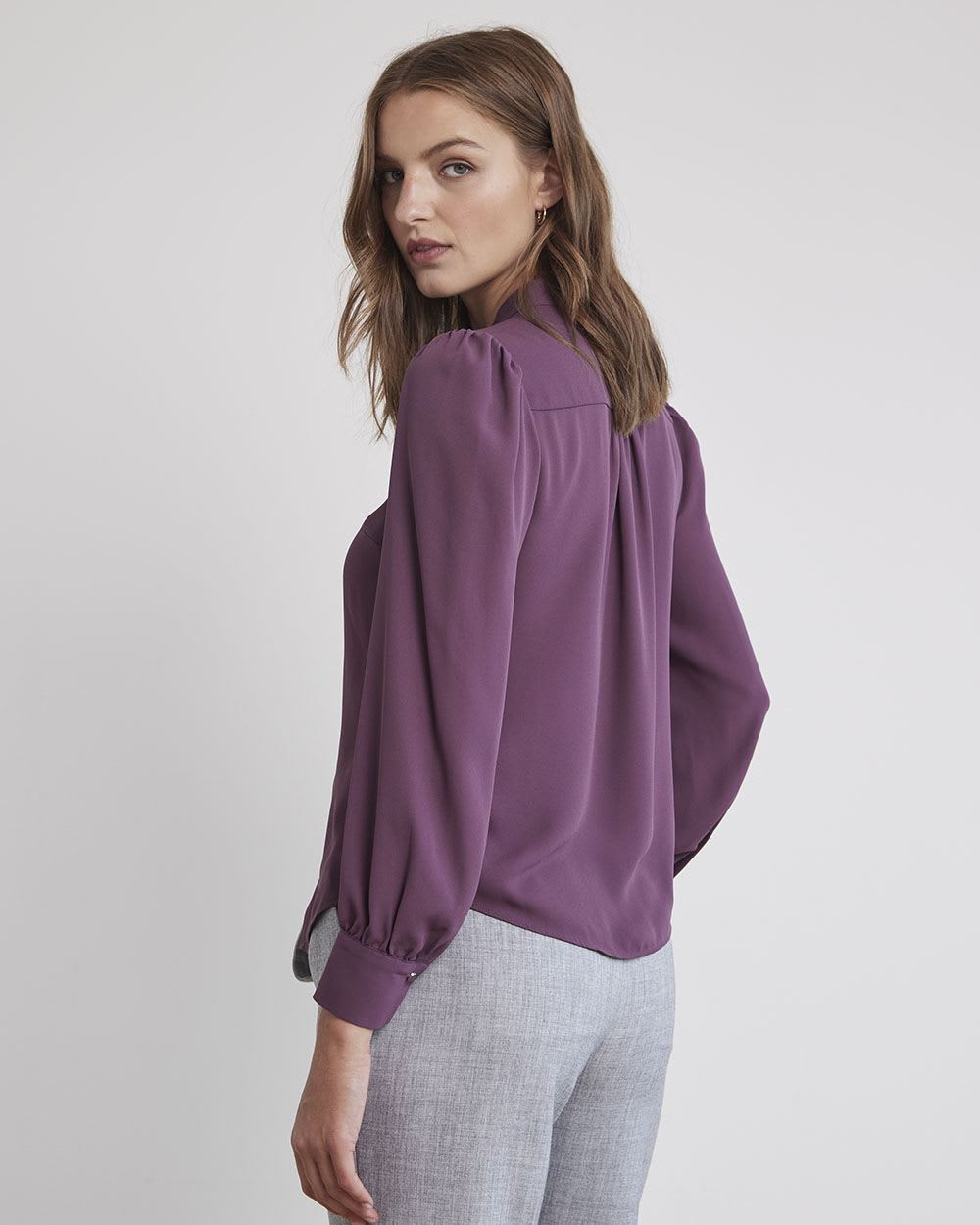 Long-Sleeve Buttoned-Down Silky Crepe Blouse