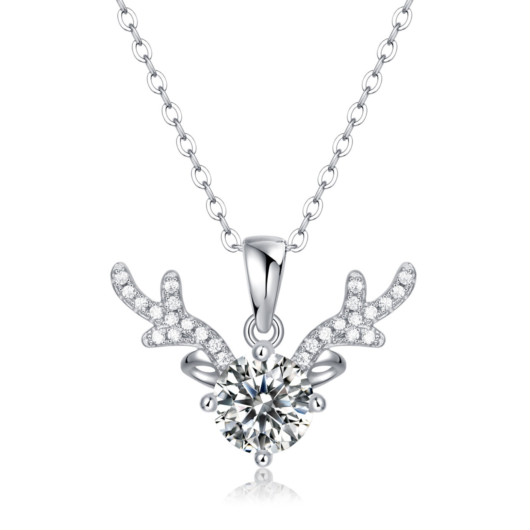 SV Sterling Silver 1ctw Lab Created Moissanite Solitaire Pave Antler Pendant Layering Necklace