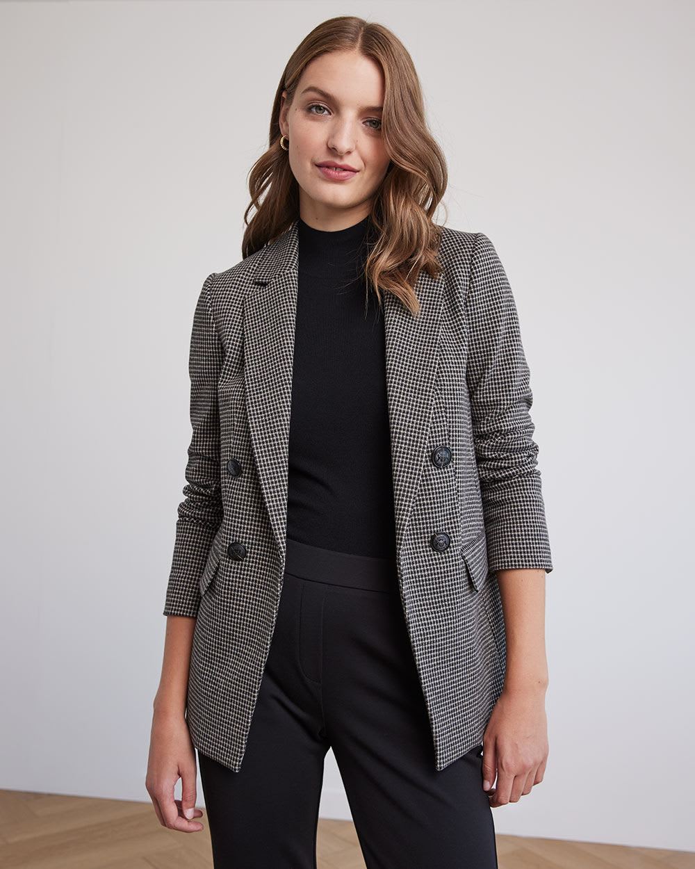 Checkered Double-Breasted Open Blazer