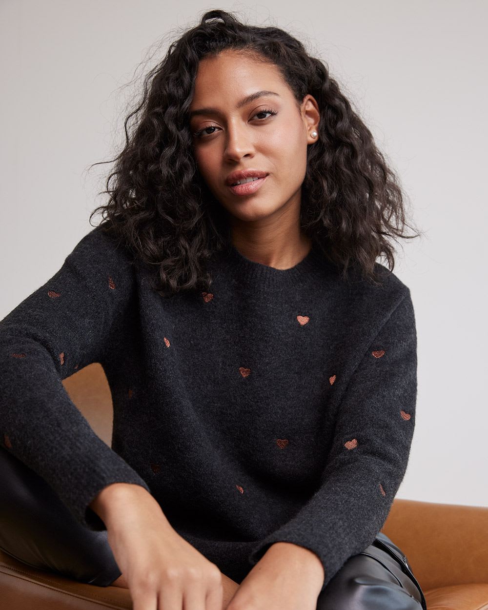 Long-Sleeve Crew-Neck Sweater with Embroidered Pattern