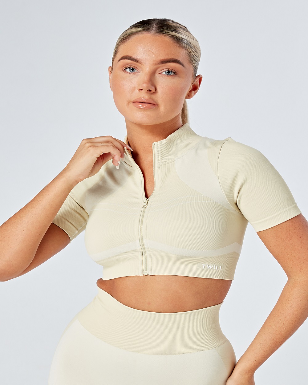 Twill Active - Recycled Colour Block Zip-up Crop Top - Stone