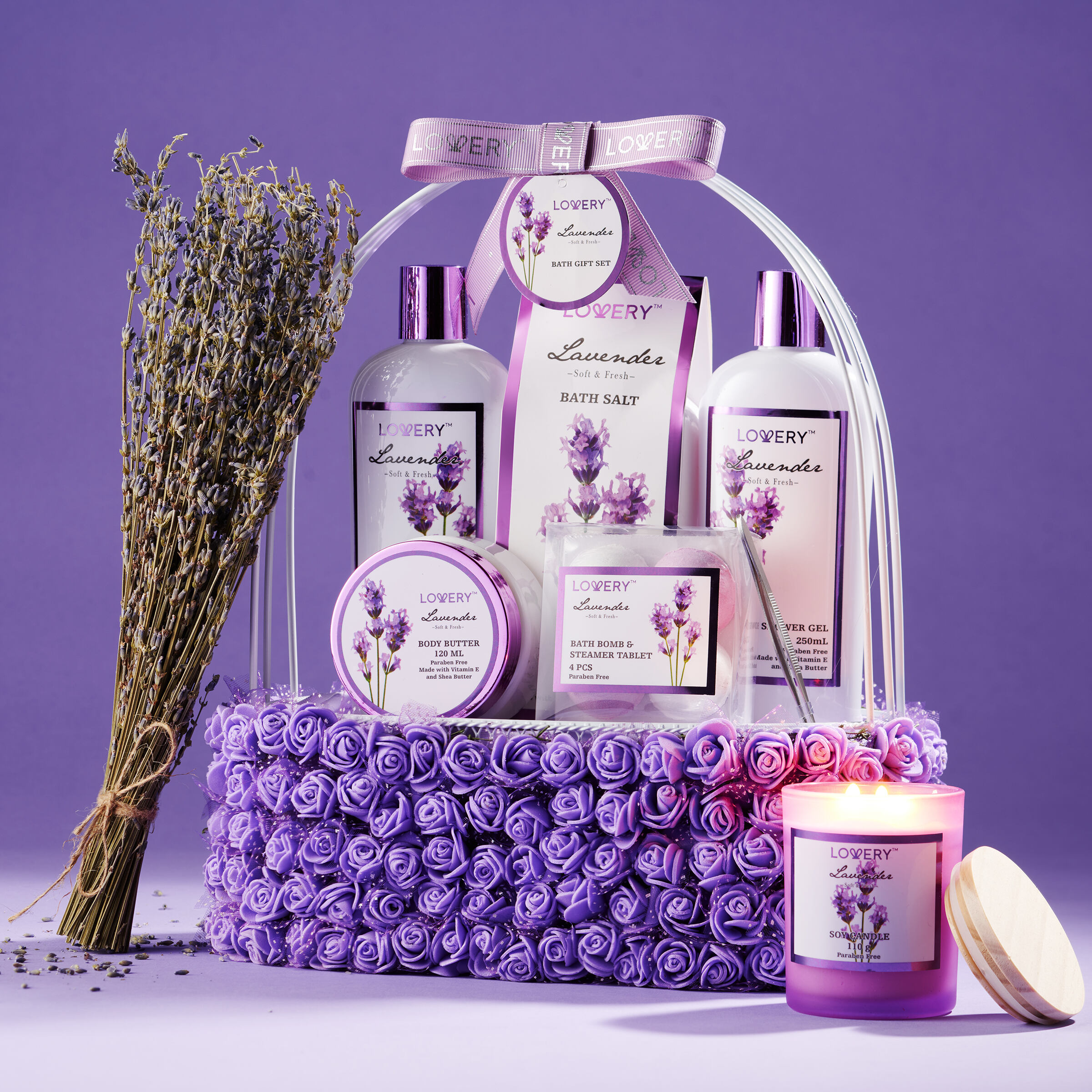 Lovery Lavender Body Care Gift Set, Handmade Self Care Kit, 15 Piece