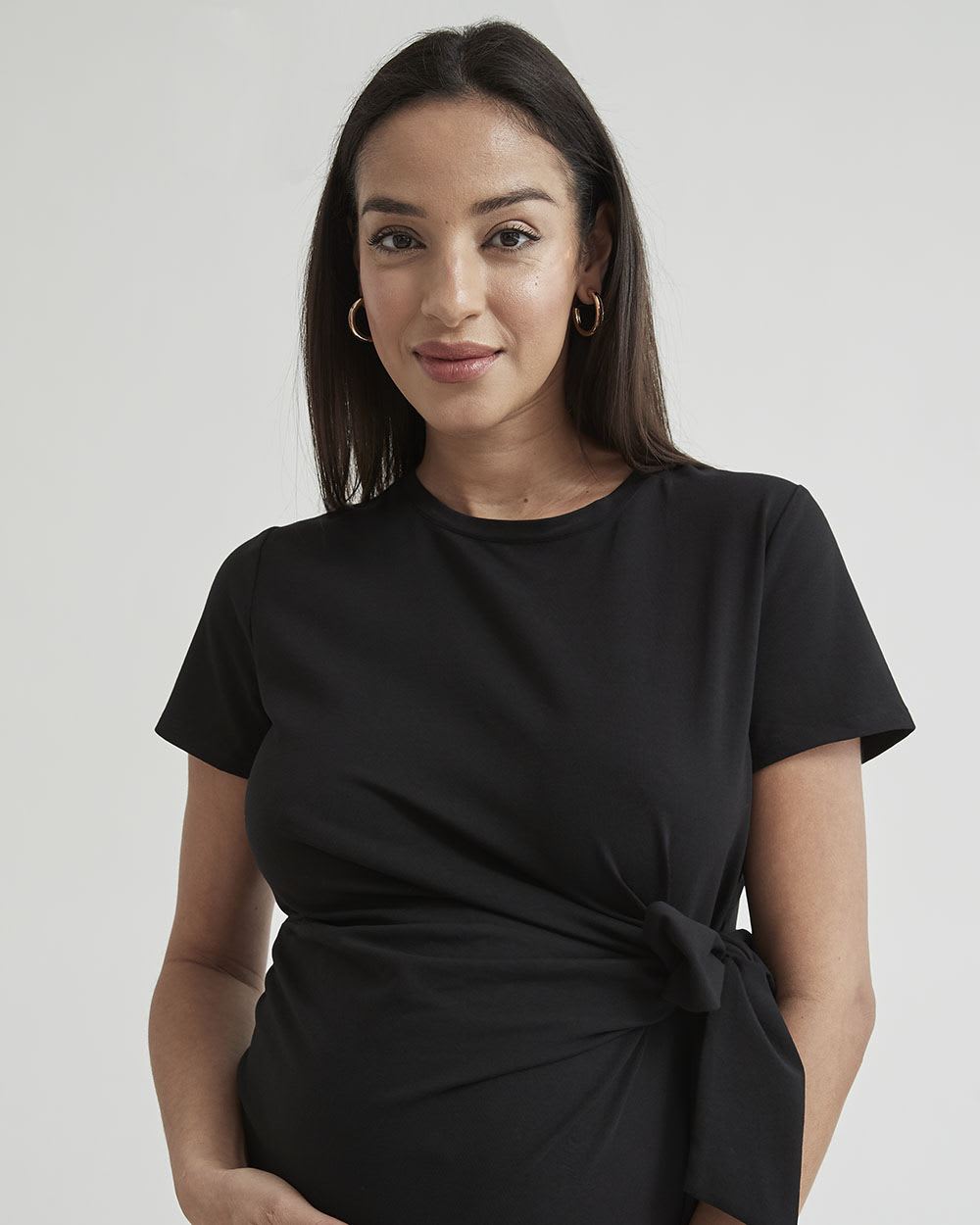 Crew-Neck Short Sleeve Dress with Front Tie - Thyme Maternity