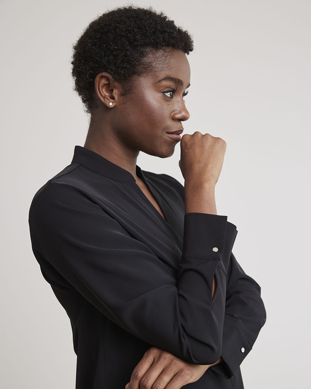 Long-Sleeve V-Neck Crepe Popover Blouse