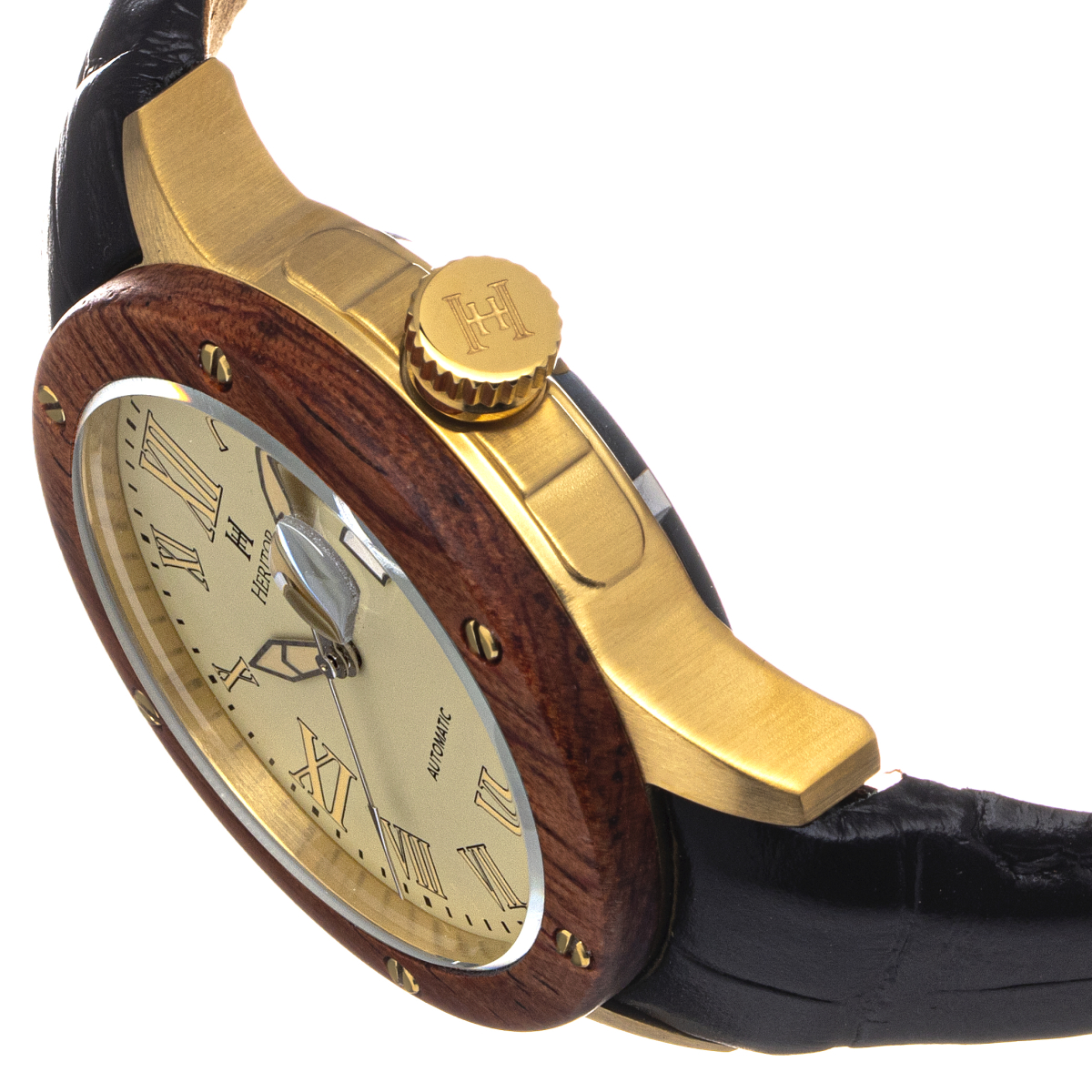 Heritor Automatic - Everest Wooden Bezel Leather Band Watch /Date - Rose Gold/Blue
