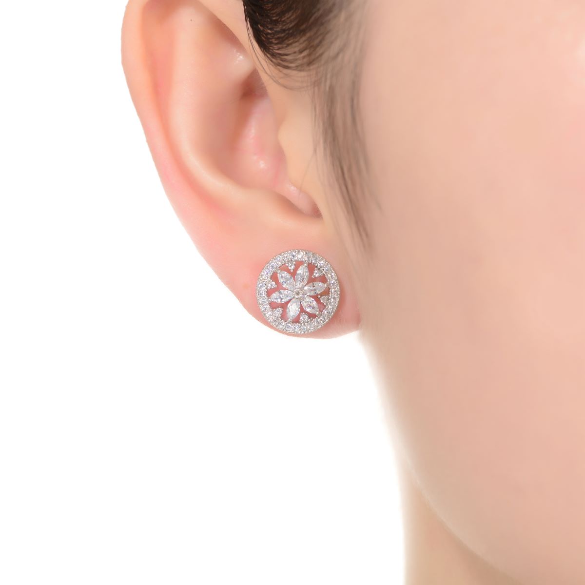 Genevive Sterling Silver with white gold Plated Clear Marquise with Round Cubic Zirconia Halo Wreath Earrings