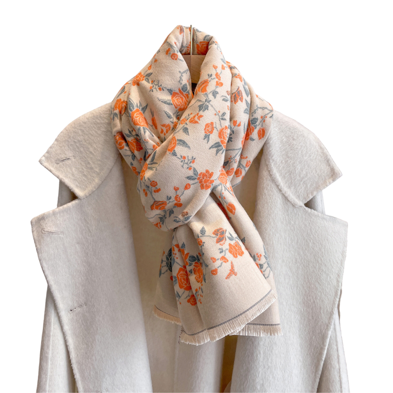 Delicate Orange Floral Beige Fringe-Trimmed Scarf- Don't AsK