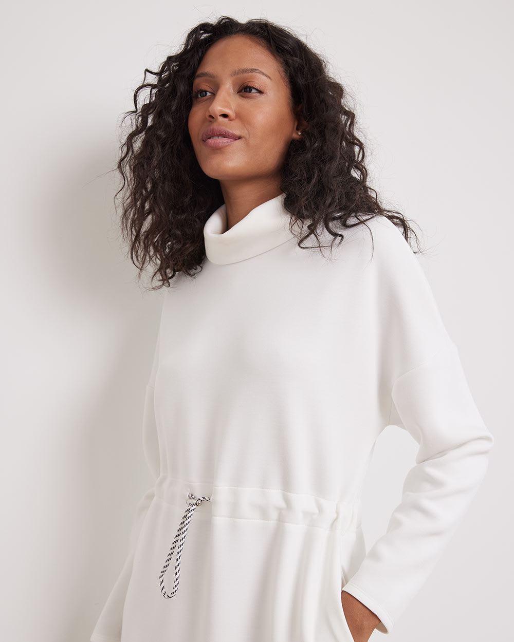 Long-Sleeve Mock-Neck Straight Dress with Adjustable Waist