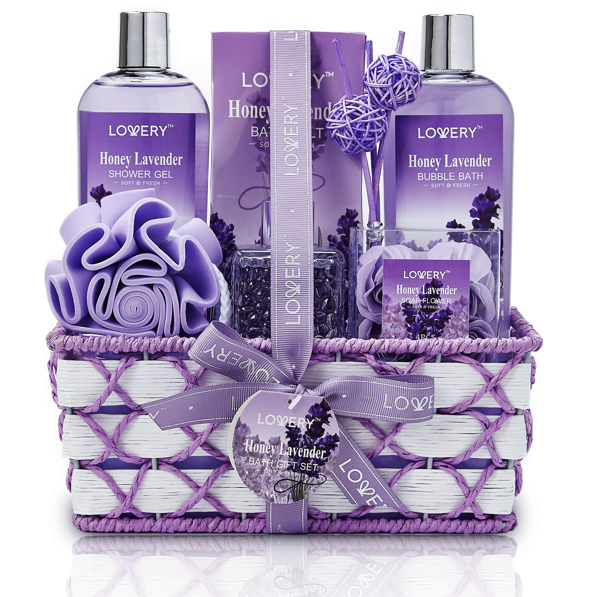 Lovery Bath And Body Gift - Honey Lavender Scent - Essential Oil Diffuser - 13pc