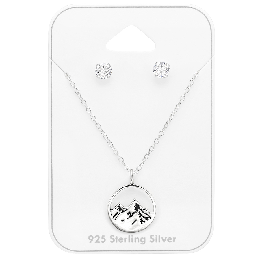 Sterling Silver Clear CZ Stud with Dainty Mountain Pendant Necklace - Ag Sterling