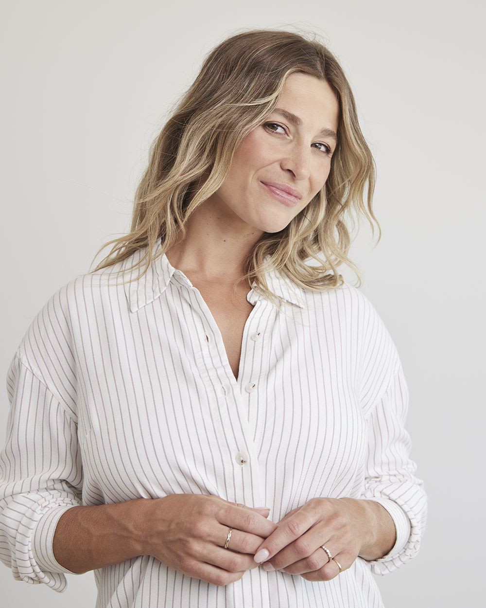 Striped Long-Sleeve Buttoned-Down Blouse - Thyme Maternity