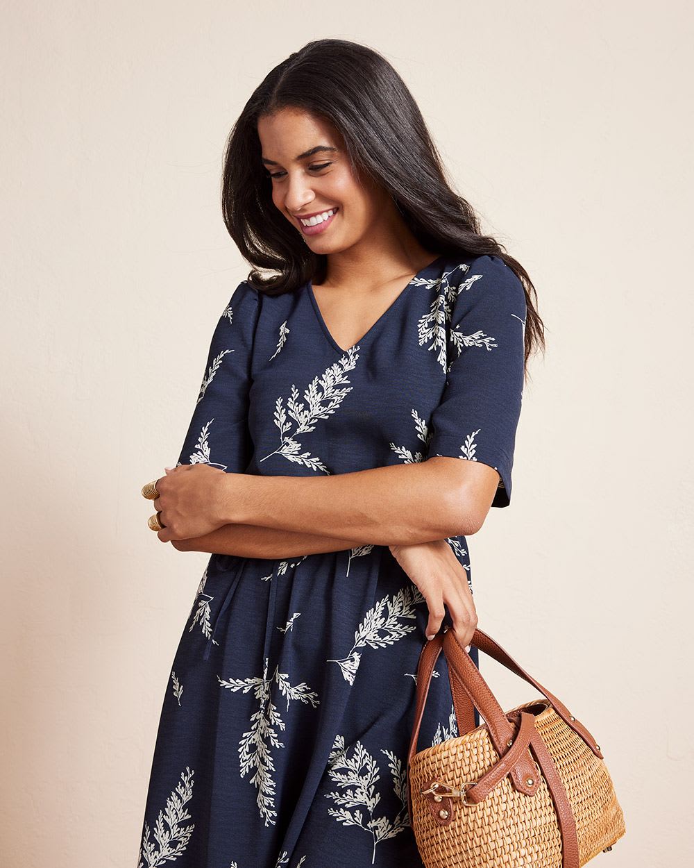 3/4-Sleeve Fluid Fit and Flare Midi Dress with V Neckline