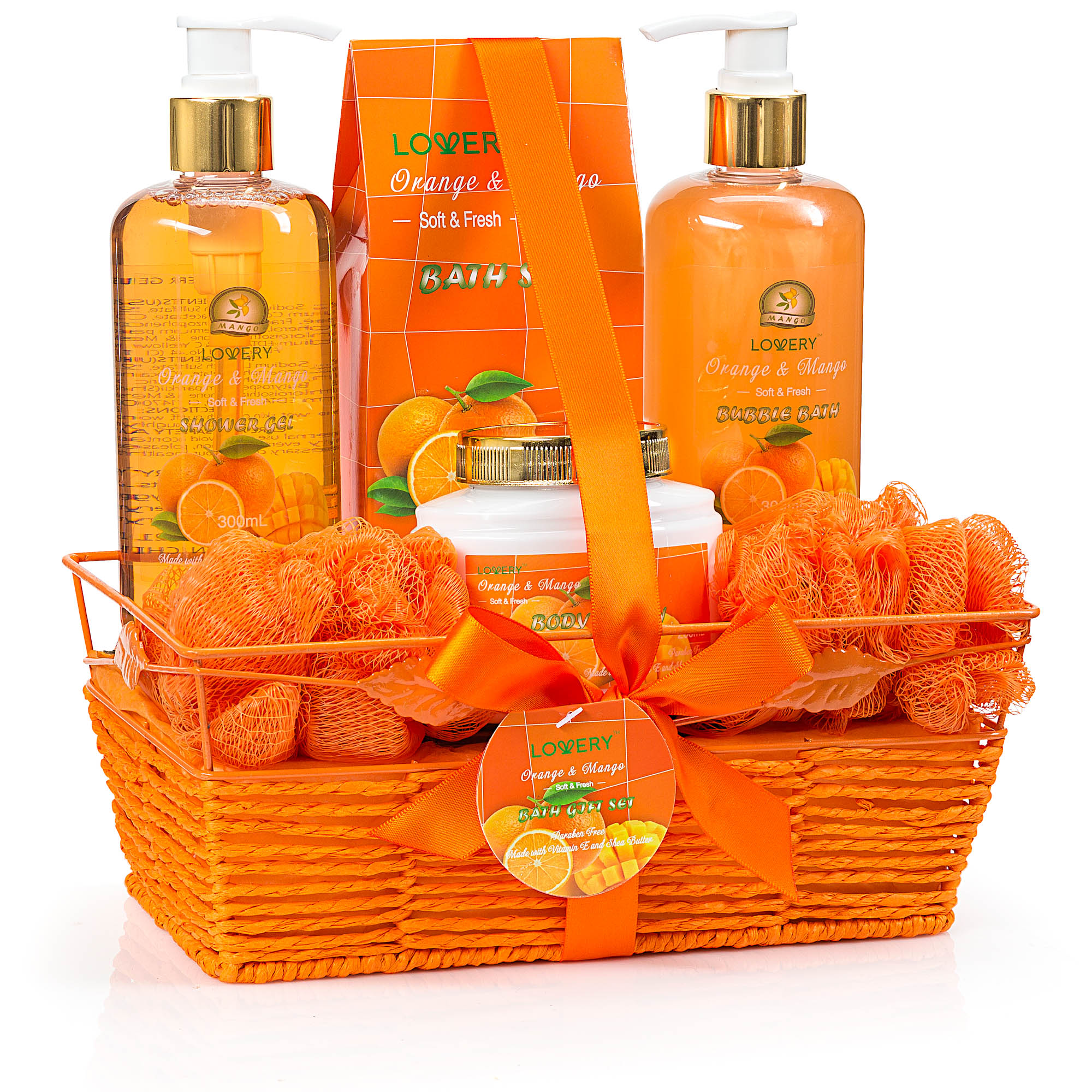 Lovery Home Spa Gift Basket - Orange & Mango Scent - 7 Pc Bath And Body Set
