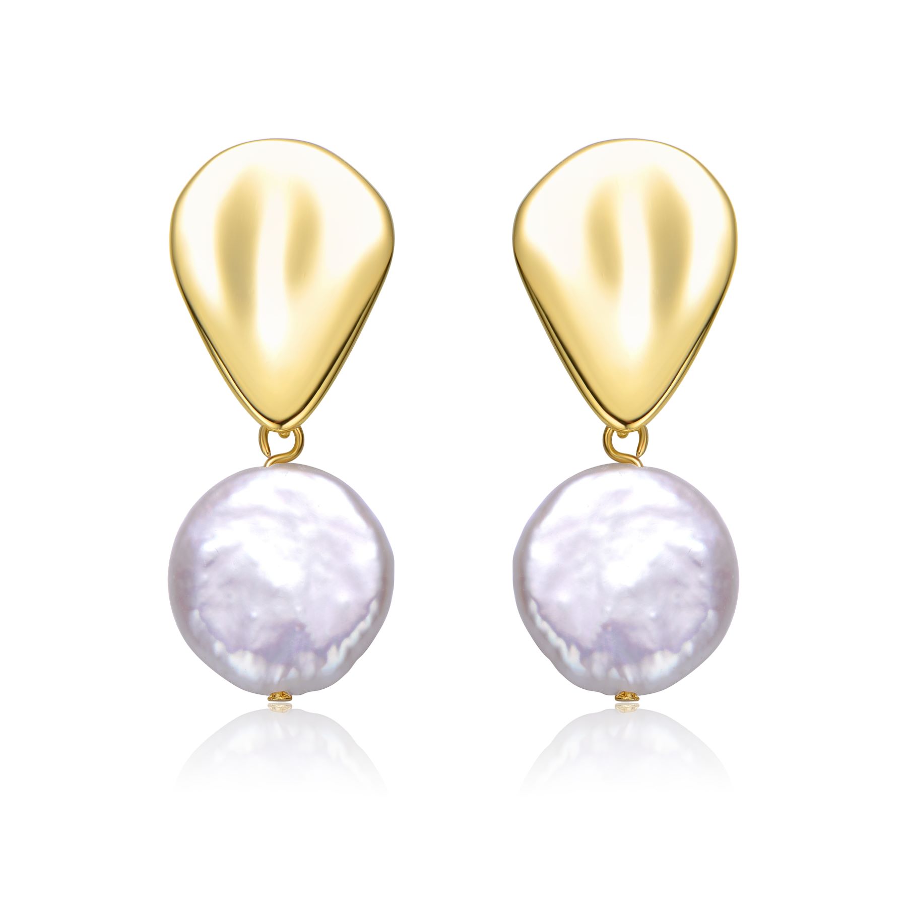 Sterling Silver 14k Yellow Gold Plated with White Coin Pearl Raindrop Double Dangle Drop Earrings
